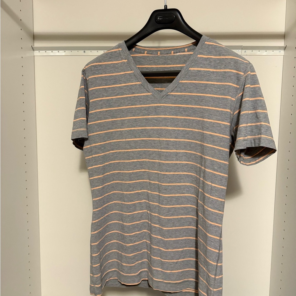 Lululemon Athletica Gray and Orange Striped V-Neck Tee